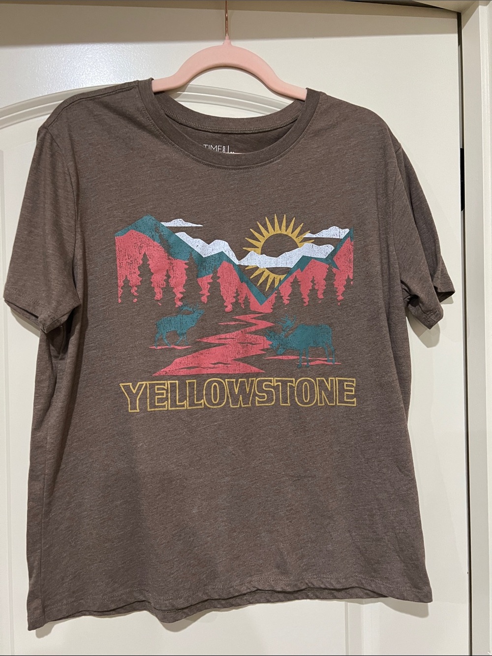 Time and Tru Brown Yellowstone Graphic Tee with Multicolor Mountain Print